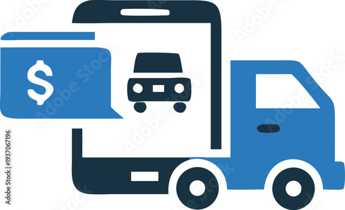 An icon displaying car purchase through mobile payment application on delivery truck concept