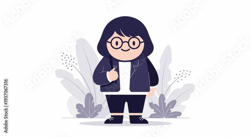 A cute, chubby figure in a suit stands confidently amidst a backdrop of stylized foliage