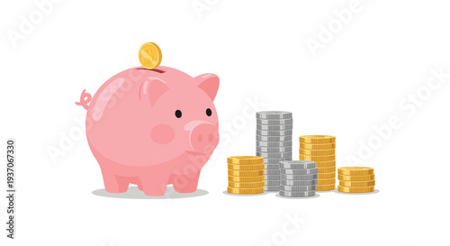 Pink piggy bank with gold coin and stacks of coins.