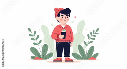 A person in a red sweater and beanie holding a cup amidst green foliage