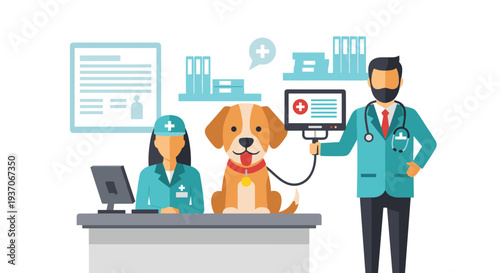 Vets examine a dog in a clinic with desk, computer, and monitor.