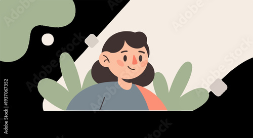 Animated woman with brown hair smiles amidst soft green foliage and abstract shapes