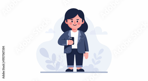 A stylized woman in a suit holds a smartphone, with a soft, abstract background of clouds and leaves