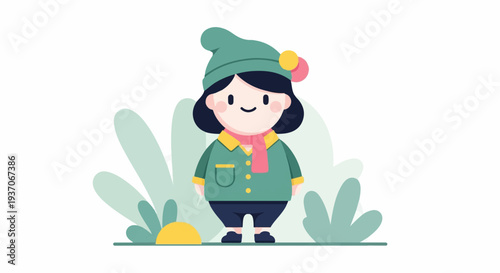 Cheerful character in winter attire with bobble hat and scarf