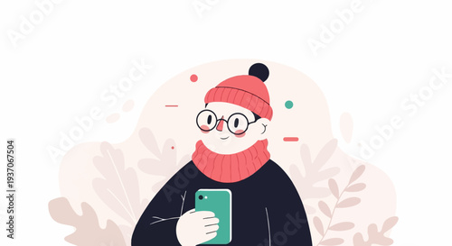 A cheerful character in a hat and scarf holds a phone, surrounded by abstract plant shapes