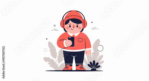 A person with headphones and a phone stands among plants