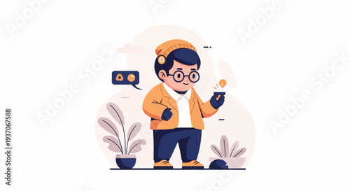 Cheerful character holding a lightbulb, wearing glasses and an orange jacket