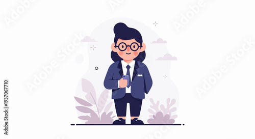 Person in suit holding phone, with stylized plants and clouds