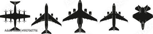 Set of black airplane silhouettes including commercial jets military transport and fighter aircraft isolated on white