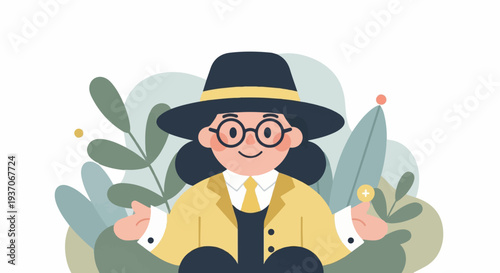 Stylized cartoon woman in hat and glasses holds coin, surrounded by abstract plants