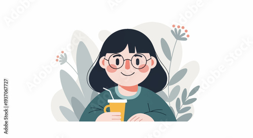 A cheerful girl with dark hair and glasses sips a drink amidst soft, muted foliage