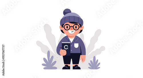 A cheerful cartoon child in winter attire holds a book with a 'C' on it, amidst sparse foliage