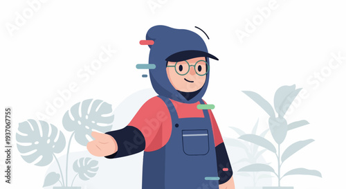 Cheerful character in overalls and hood, with plants
