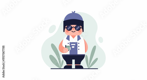 A cartoon character wears a hat, glasses, and overalls, holding a small device