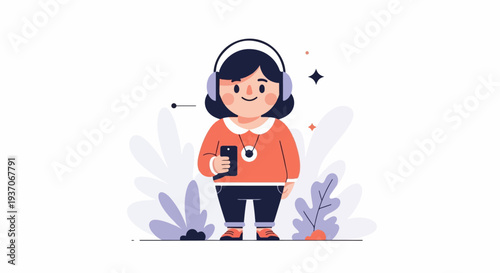 Cheerful cartoon character with headphones and phone, surrounded by abstract foliage