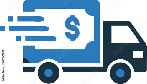 Dollar currency on a moving delivery truck emphasizes money transfer and express financial service