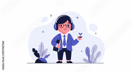 A stylized cartoon figure in a suit wears headphones and holds a small plant, suggesting growth and learning