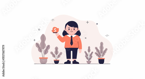 Cheerful person in business attire holds a money symbol, surrounded by potted plants and abstract shapes
