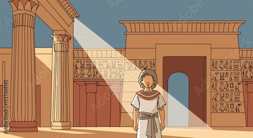 Scene from the Bible with Moses in ancient temple under sunlight. Old Testament setting features detailed hieroglyphs and large columns, creating atmosphere for biblical storytelling.