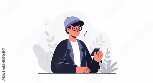 Young person in beanie and glasses looks at phone with a question mark above