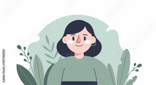 A stylized, flat illustration of a young person with dark hair and a green shirt, framed by lush foliage