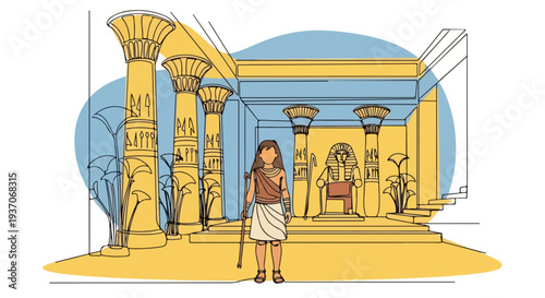 Scene from the Bible depicting Moses in a grand temple of ancient Egypt with columns, palm trees, and throne in background. Bible story showcases Moses' pivotal role in Old Testament.