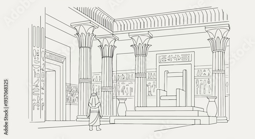 Ancient scene from the Bible with Moses in Old Testament setting featuring detailed columns, ornate artifacts, and monumental throne as central elements.