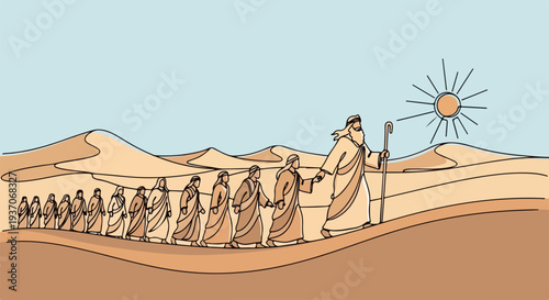 Scene from the Bible with Moses leading people through desert landscape. Old Testament image depicts journey of faith and perseverance, with Moses holding staff and sun shining brightly above.