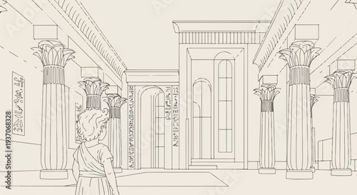 Scene from the Bible with Moses in ancient temple, featuring detailed architecture and tall columns that frame the interior space. Scene from the Bible highlights historical significance of Moses.