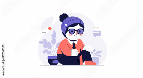 A stylized, friendly character sits cross-legged, wearing a beanie and glasses, with plants nearby