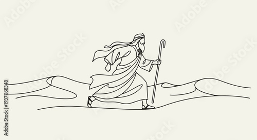 Moses scene from the Bible walking in desert with shepherd staff. Old Testament depiction shows Moses leading his people through wilderness with flowing robes.