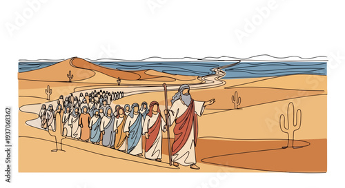 Scene from the Bible portraying Moses leading Israelites through desert. This biblical scene shows Moses guiding large group along sandy path, with cacti and mountains in background.