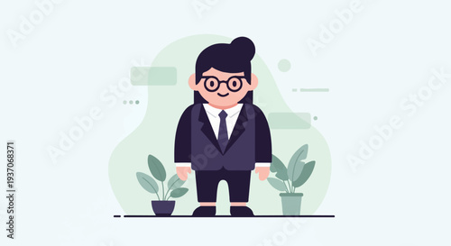 A stylized person in a suit and glasses stands between two potted plants