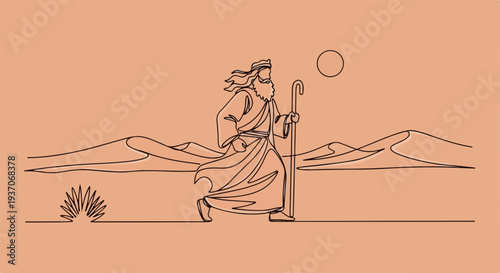 Scene from the Bible featuring Moses walking in desert landscape with staff in hand. Moses traversing backdrop of mountains and sun in the sky, representing Old Testament journey.
