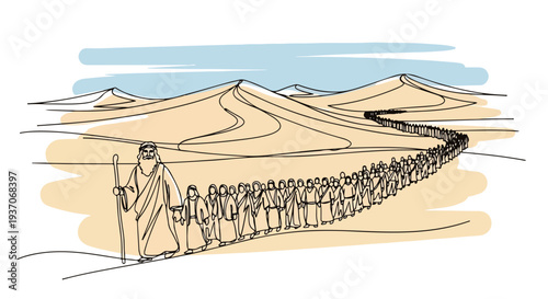 Scene from the Bible showing Moses leading a group of people through the desert in the Old Testament.