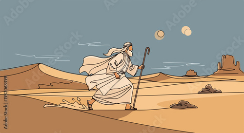 Scene from the Bible featuring Moses walking in the desert with staff under bright sun in vast landscape. Old Testament illustration of Moses showcases perseverance and faith during journey.