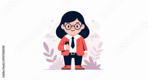 Charming character with a phone, dressed in business attire, surrounded by nature elements
