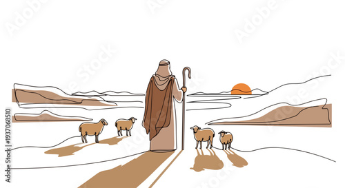 Scene from the Bible with Moses leading sheep in desert landscape at sunset. Old Testament figure illustrated with staff guiding flock of sheep across sandy terrain.