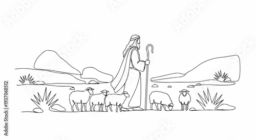 Scene from the Bible depicting Moses leading sheep in old testament landscape with mountains and plants. Moses guides his flock through the serene environment in this biblical scene,