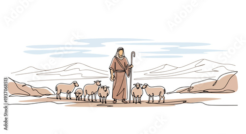Scene from the Bible featuring Moses with flock of sheep in vast landscape of Old Testament desert. Moses depicted as shepherd guiding sheep across arid terrain,
