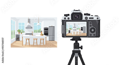 DSLR camera on tripod shows modern kitchen interior on screen.