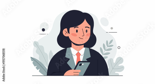 A smiling woman in a suit, holding a phone with a background of abstract shapes and leaves