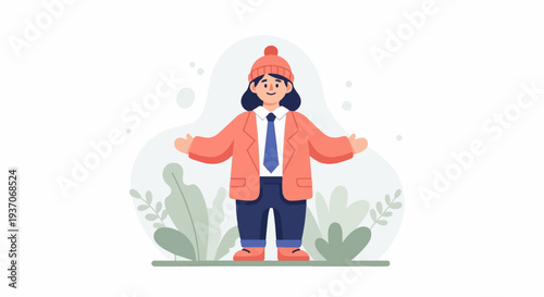 Cheerful person in winter attire with open arms, surrounded by green foliage