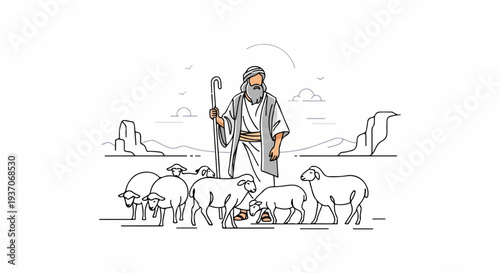 Scene from the Bible depicting Moses shepherding sheep in Old Testament landscape with hills and sun. This imagery captures the essence of Moses' role in the Old Testament as a leader and protector.