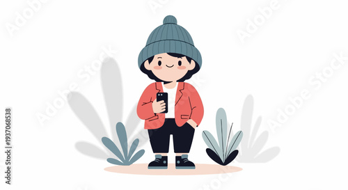 Cheerful person in beanie and jacket holding phone, surrounded by abstract plants