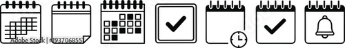 Set of black and white calendar icons featuring schedule management symbols with checkmarks and notification bells for planners and digital apps.