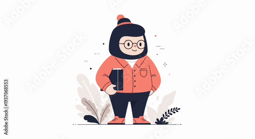 Whimsical character with book and beanie, surrounded by minimalist plants
