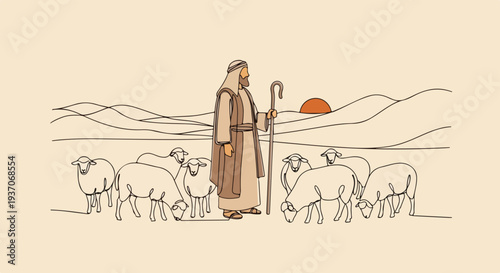 Scene from the Bible with Moses standing among sheep in sunset landscape, old testament depiction showcases Moses as shepherd with grazing sheep under pink sky.