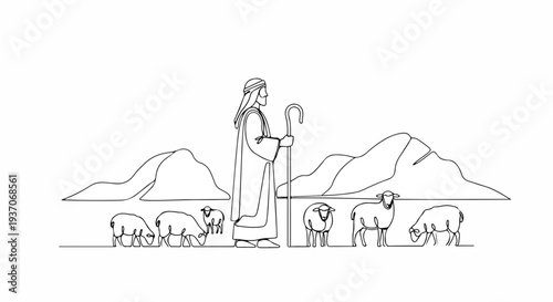 Scene from the Bible depicting Moses leading sheep with mountain backdrop and shepherd's staff. This old testament narrative illustrates Moses guiding livestock peacefully through serene landscape.