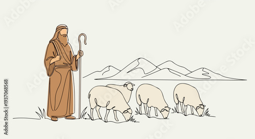 Scene from the Bible with Moses as shepherd standing near grazing sheep in picturesque landscape. Old Testament scene depicts Moses watching over flock with mountains in the background.